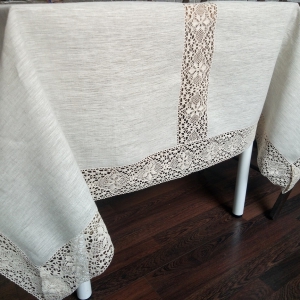 Lace bordered linen tablecloth